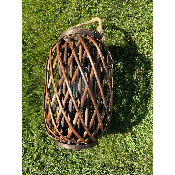 Rustic Boho MCM Bamboo Rattan Whicker & Glass Lantern With Rope Handle 16" Tall - Picture 4 of 15
